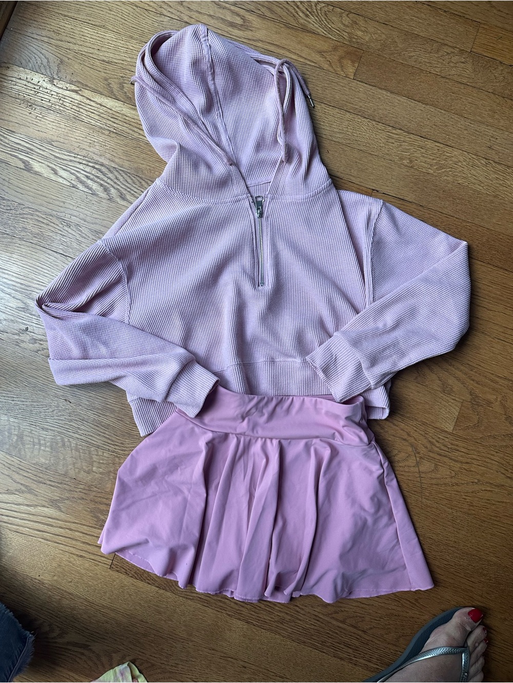 HALARA Light Pink Girls' Hooded Waffle Pullover & Pleated Skirt Set